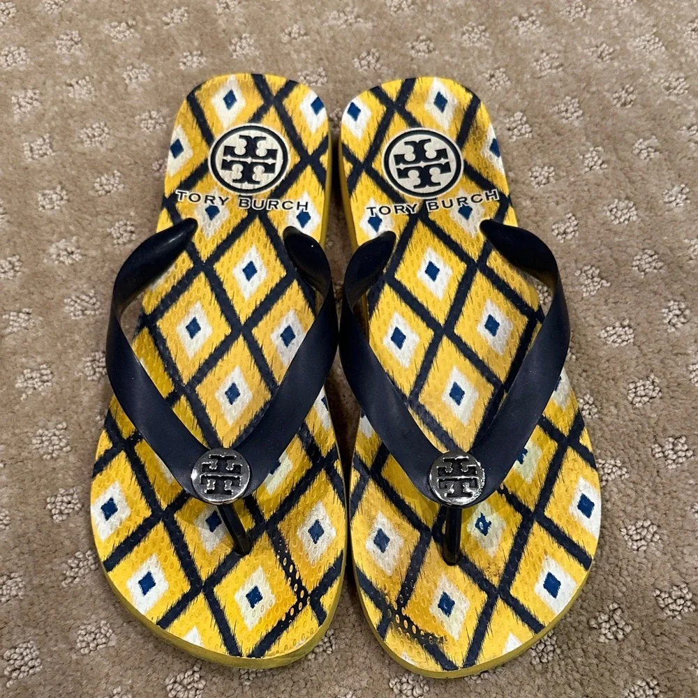 Tory Burch Kids Yellow and Black Diamond Flip Flops - Picture 1 of 1